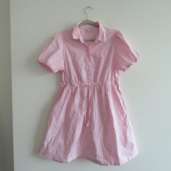 J. CREW Collared Puff Sleeve Mini Shirt Dress Striped Cotton Pink White Preppy - Picture 2 of 15
